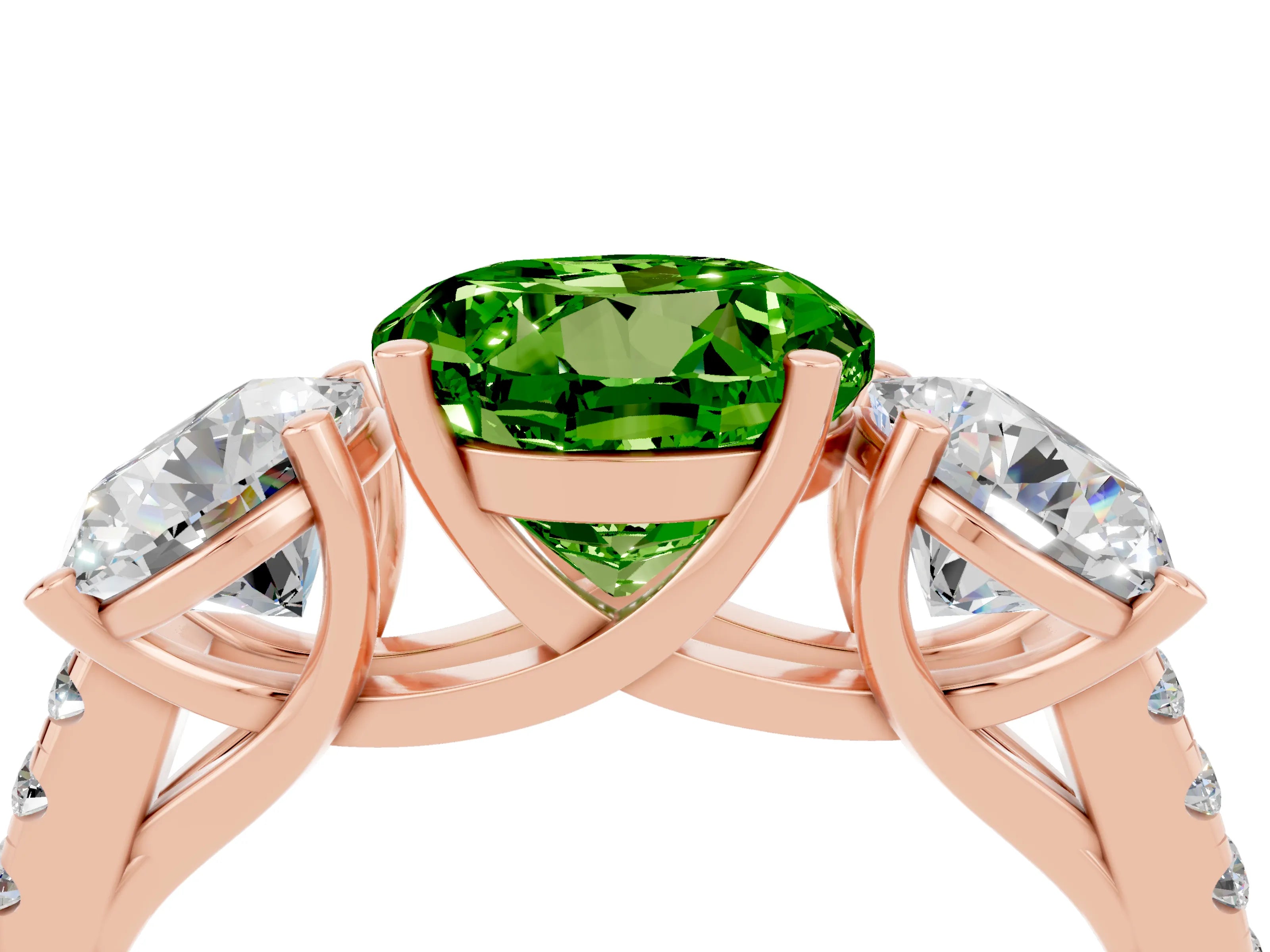 Rose gold Three-Stone Round Cut Peridot Ring with Pavé Band and Prong Setting_16