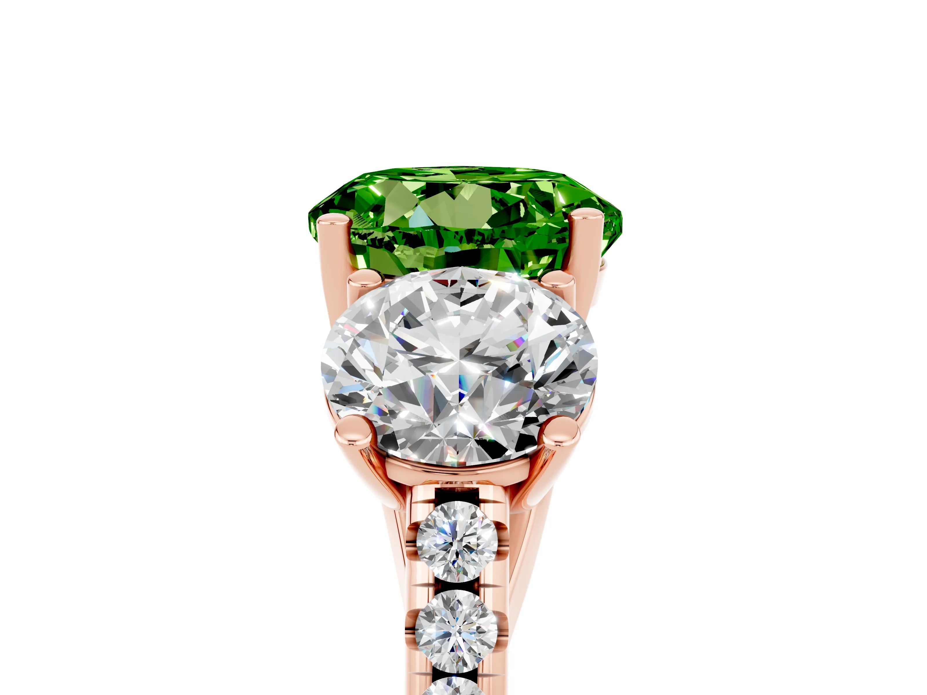 Rose gold Three-Stone Round Cut Peridot Ring with Pavé Band and Prong Setting_17