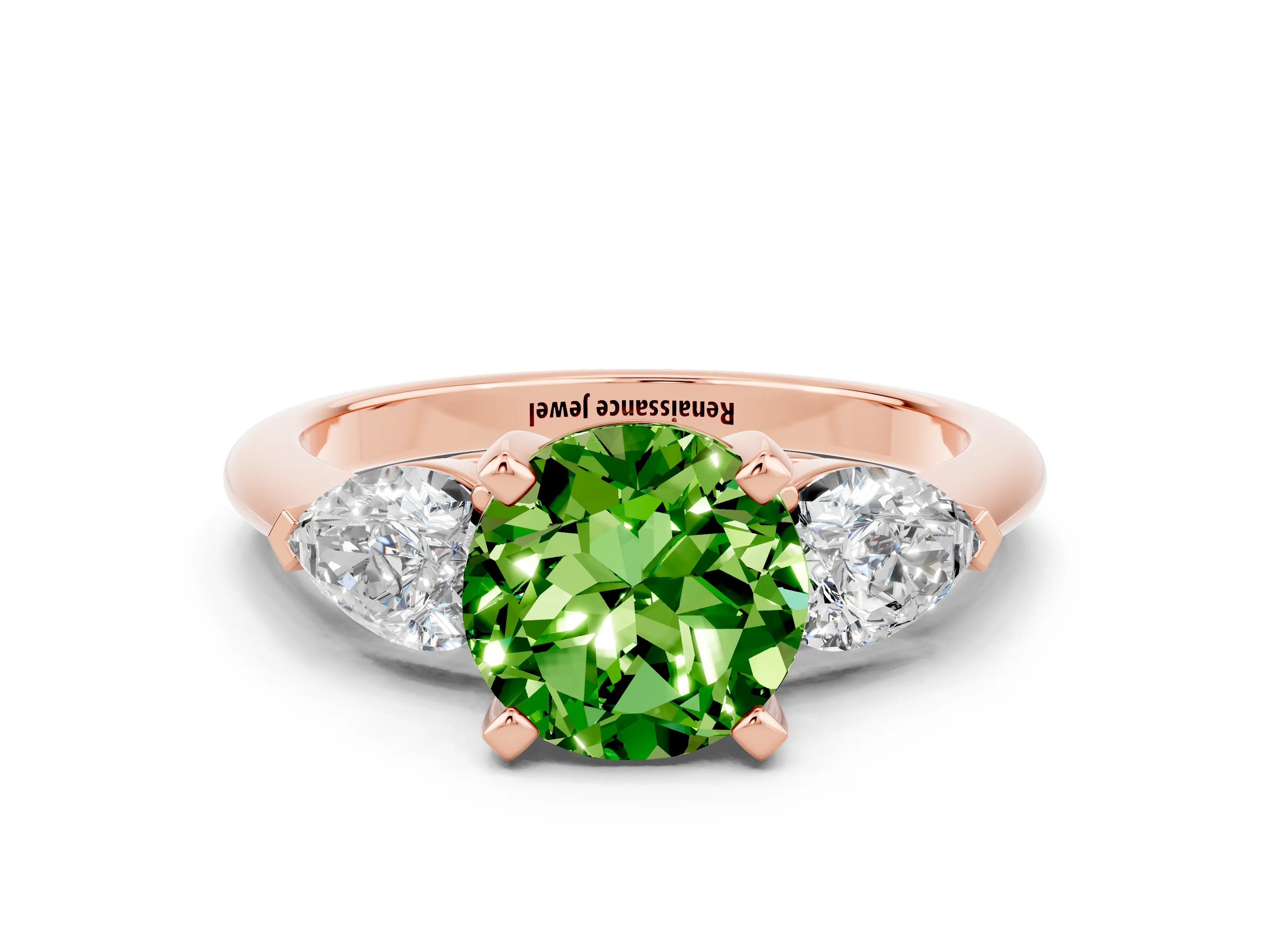 Rose gold Three-Stone Round Cut Peridot Ring with Pear Side Stones and Four-Prong Setting
