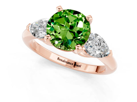 Rose gold Three-Stone Round Cut Peridot Ring with Pear Side Stones and Four-Prong Setting_1