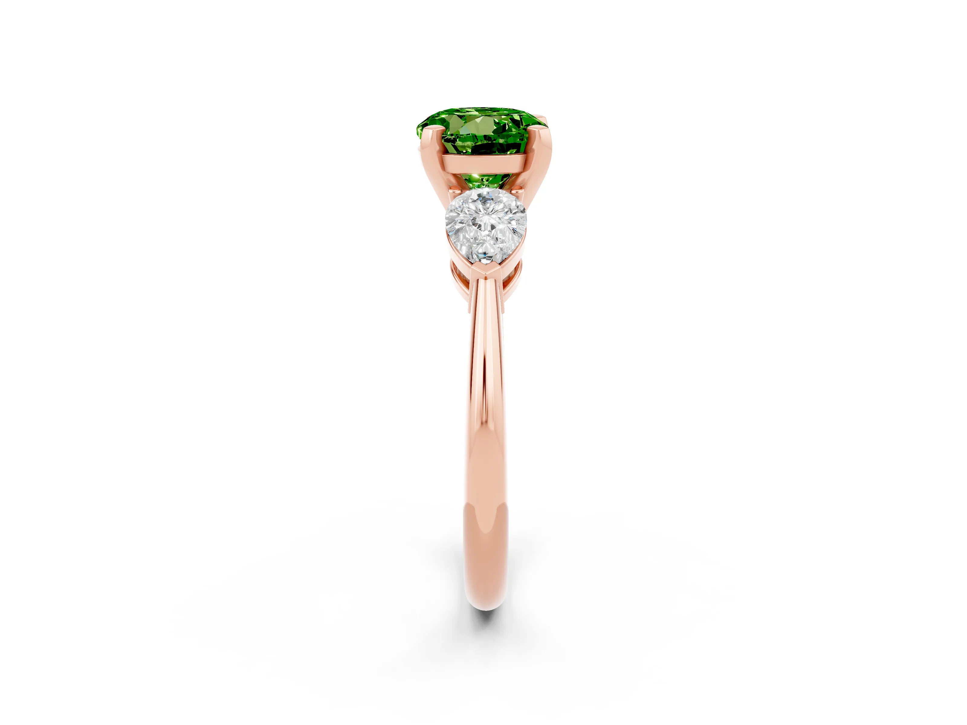 Rose gold Three-Stone Round Cut Peridot Ring with Pear Side Stones and Four-Prong Setting_2