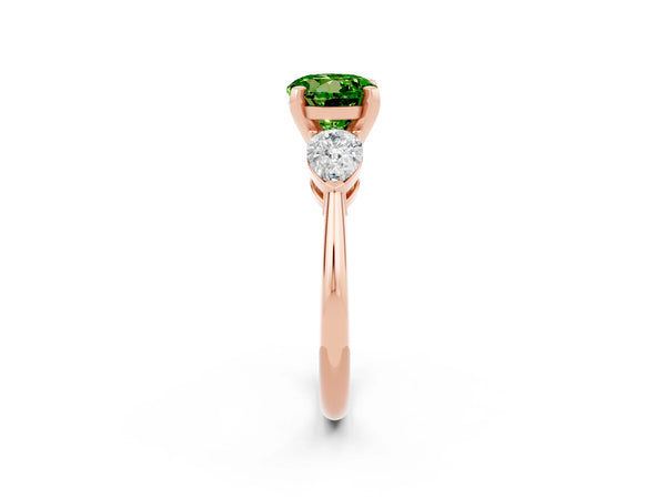 Rose gold Three-Stone Round Cut Peridot Ring with Pear Side Stones and Four-Prong Setting