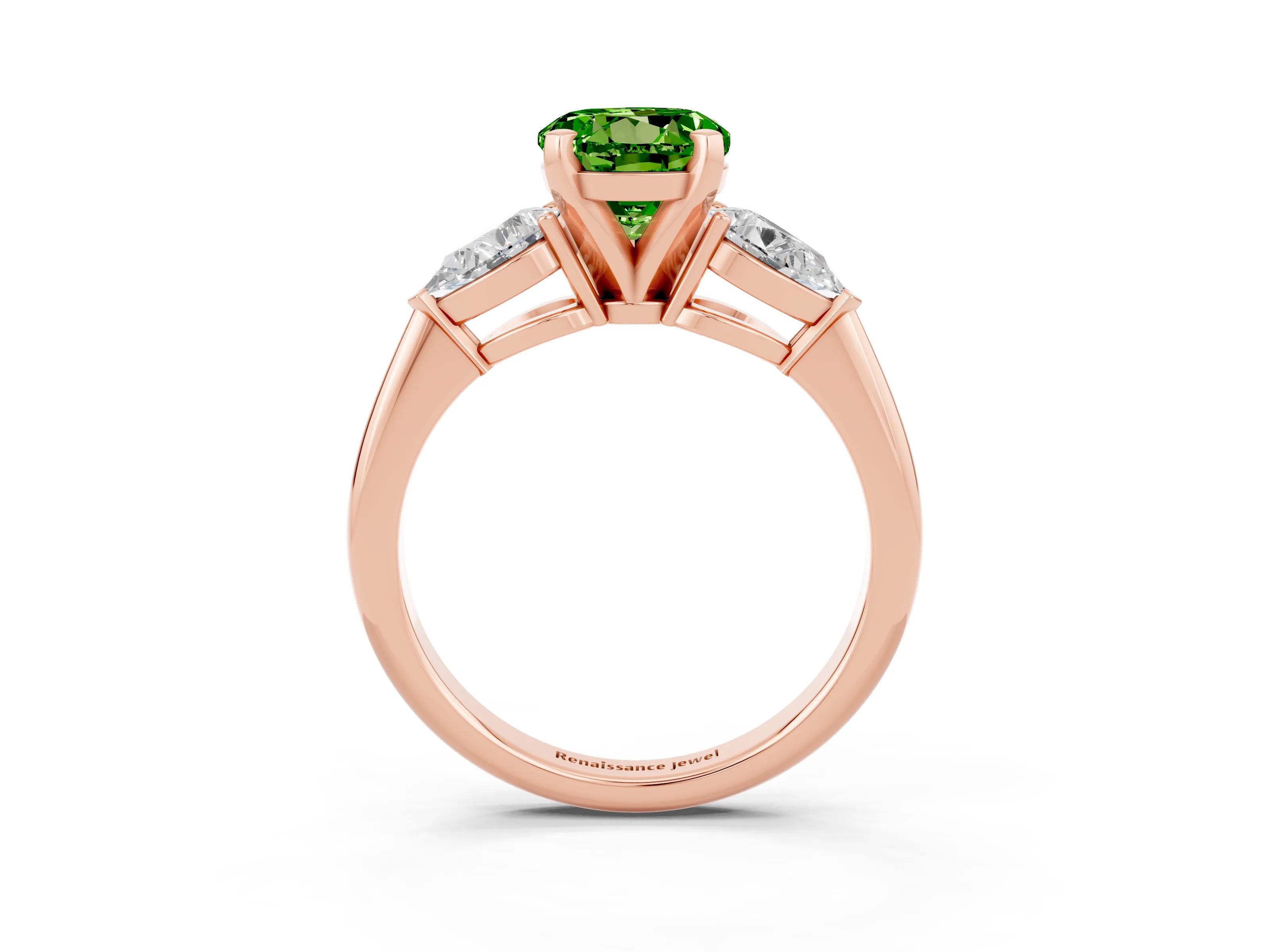 Rose gold Three-Stone Round Cut Peridot Ring with Pear Side Stones and Four-Prong Setting_3