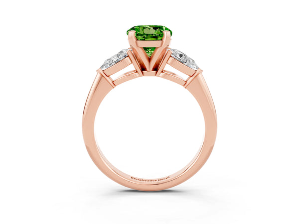 Rose gold Three-Stone Round Cut Peridot Ring with Pear Side Stones and Four-Prong Setting
