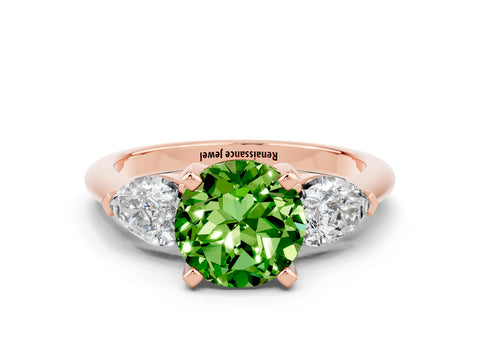 Rose gold Three-Stone Round Cut Peridot Ring with Pear Side Stones and Four-Prong Setting