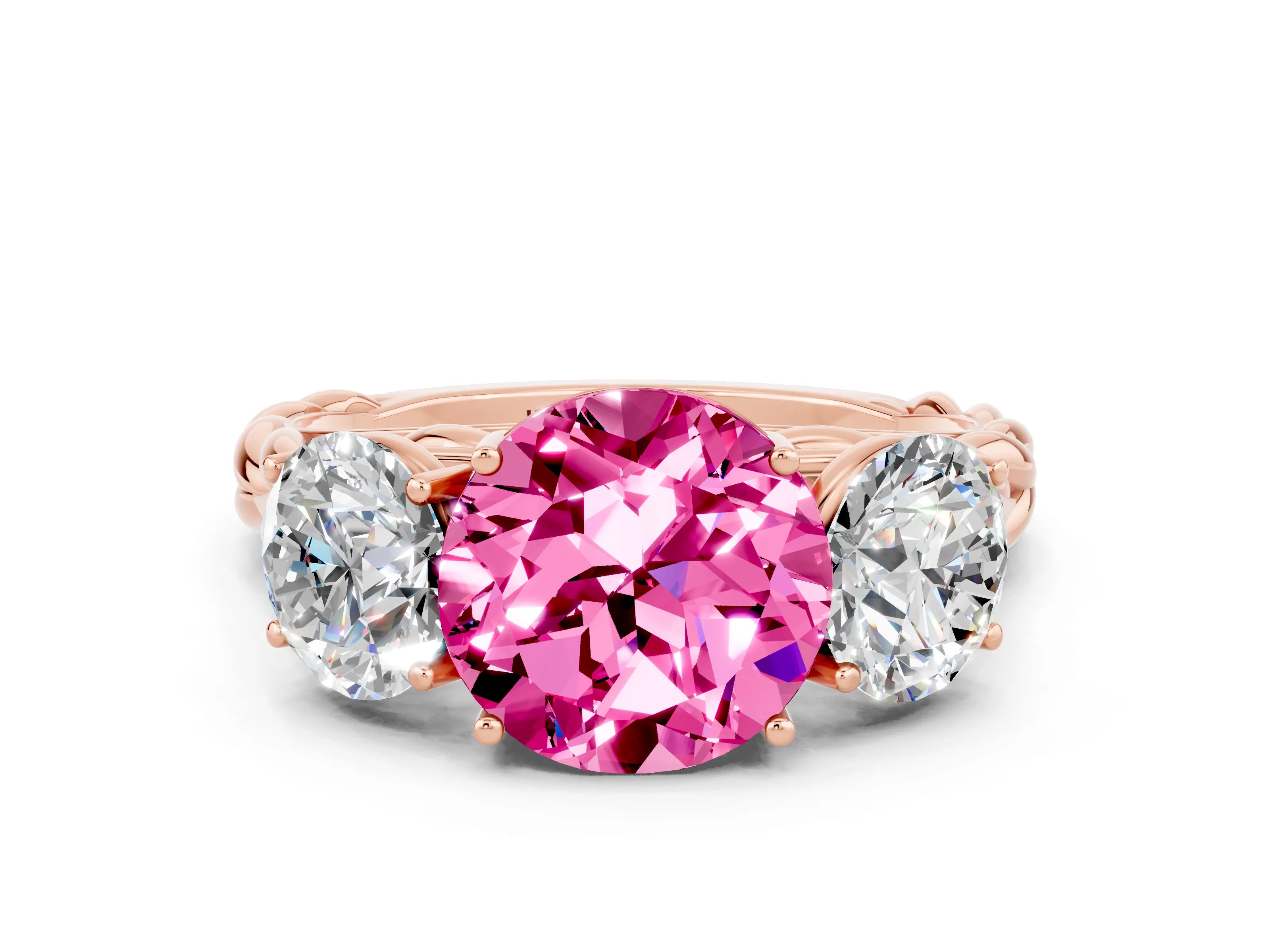 Rose gold Three-Stone Round Cut Pink Sapphire Braided Band Ring with Four-Prong Setting_36