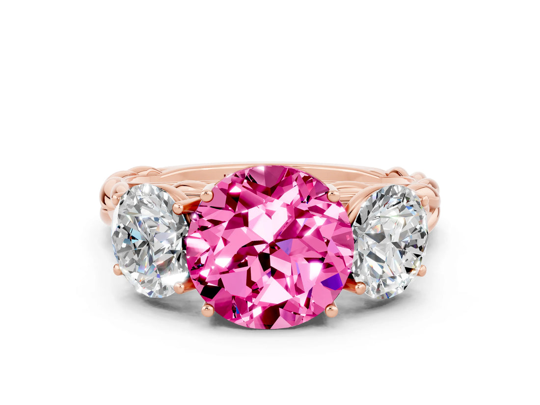 Rose gold Three-Stone Round Cut Pink Sapphire Braided Band Ring with Four-Prong Setting_36