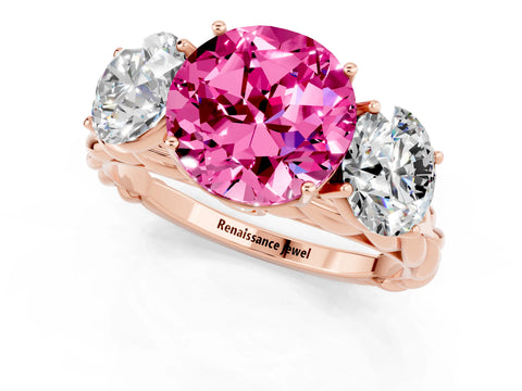 Rose gold Three-Stone Round Cut Pink Sapphire Braided Band Ring with Four-Prong Setting_37