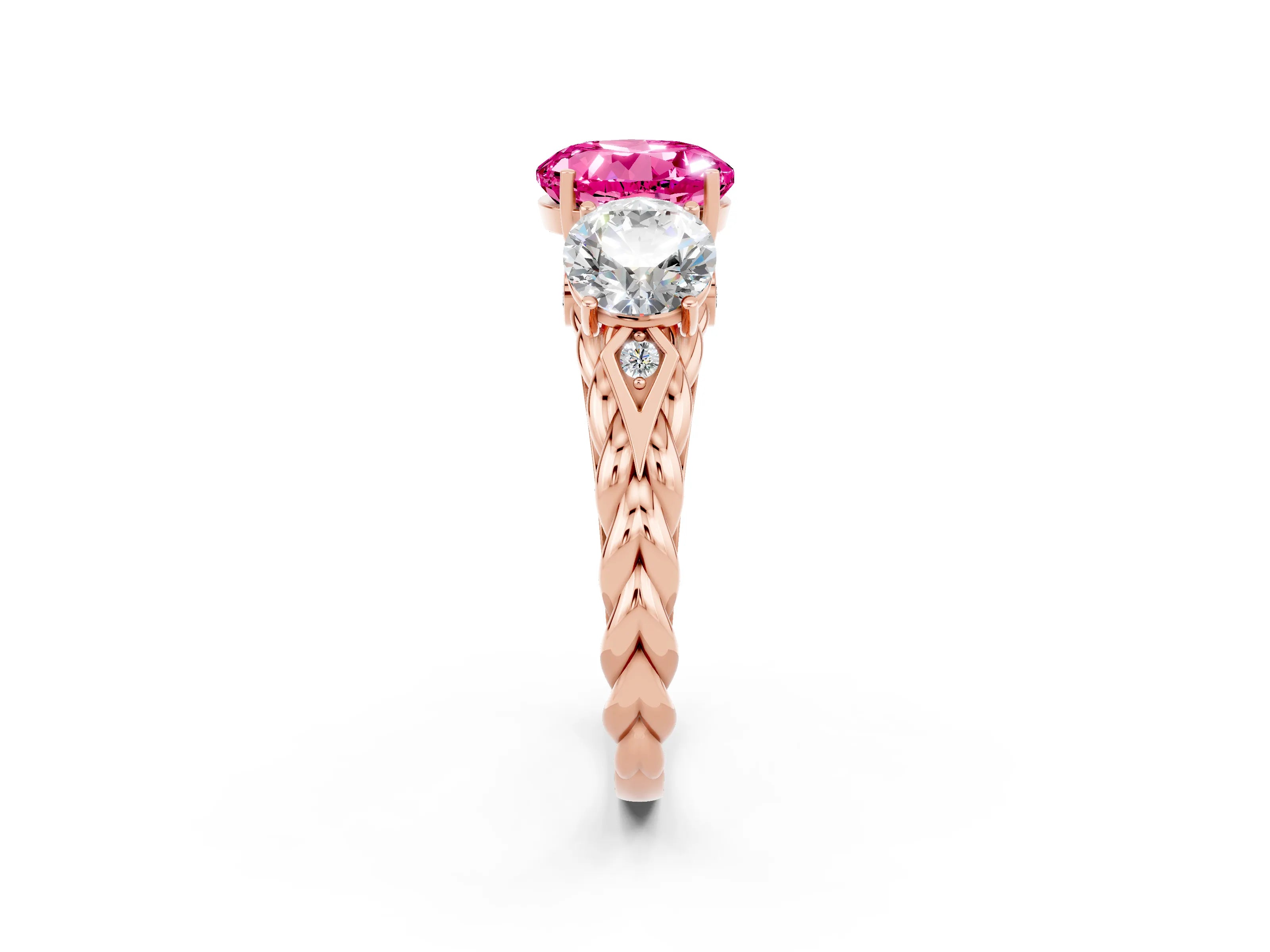Rose gold Three-Stone Round Cut Pink Sapphire Braided Band Ring with Four-Prong Setting_38