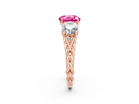 Rose gold Three-Stone Round Cut Pink Sapphire Braided Band Ring with Four-Prong Setting_38