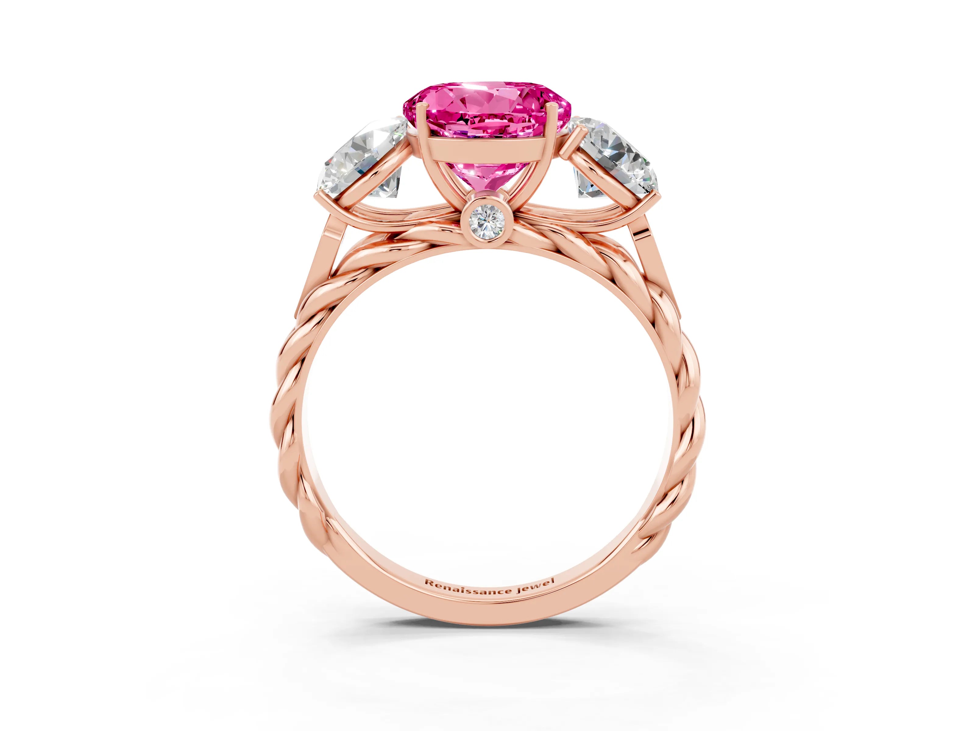 Rose gold Three-Stone Round Cut Pink Sapphire Braided Band Ring with Four-Prong Setting_39