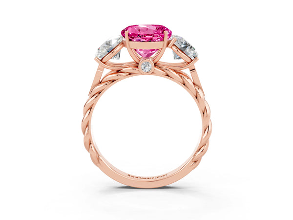Rose gold Three-Stone Round Cut Pink Sapphire Braided Band Ring with Four-Prong Setting