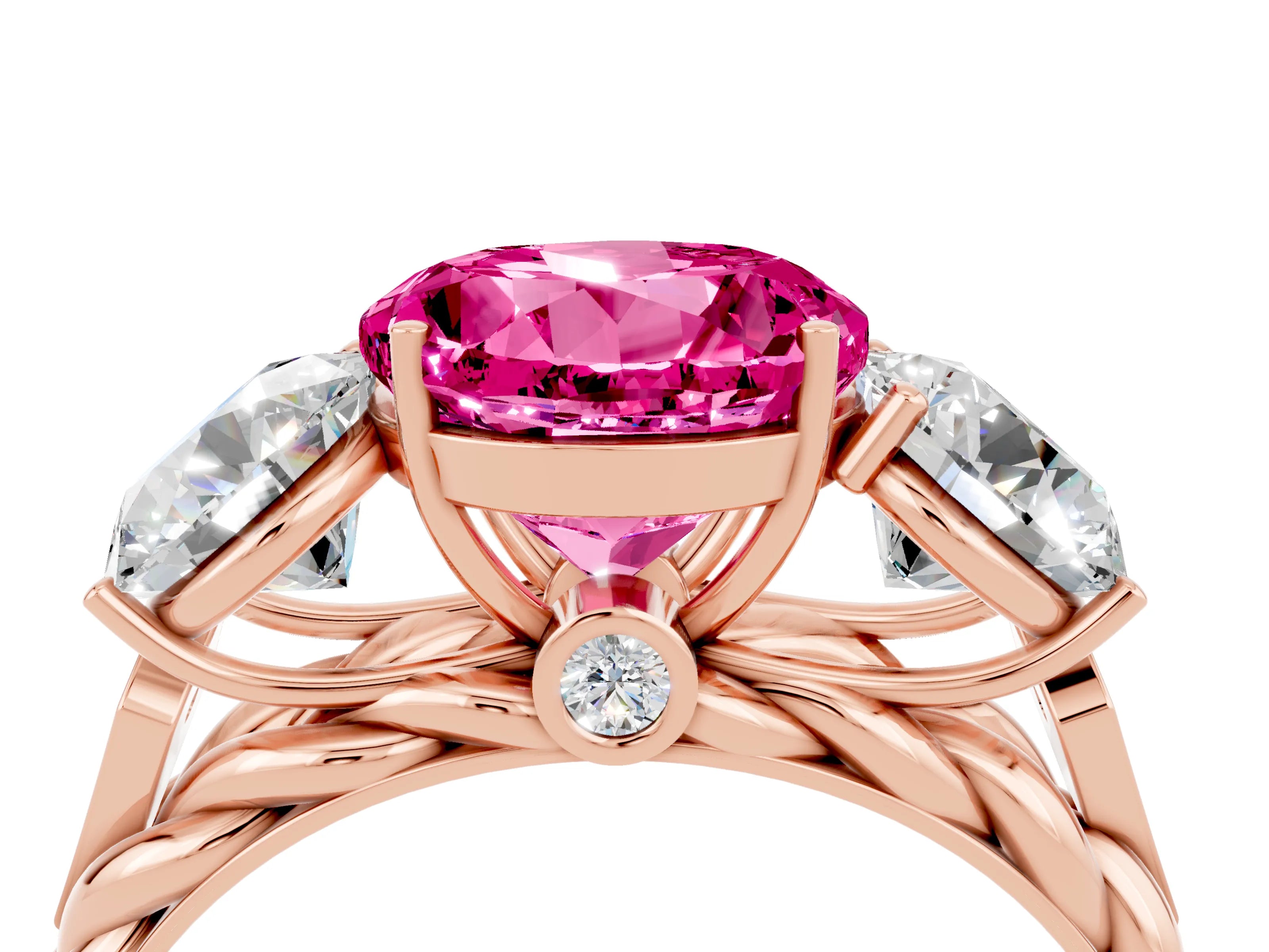 Rose gold Three-Stone Round Cut Pink Sapphire Braided Band Ring with Four-Prong Setting_40