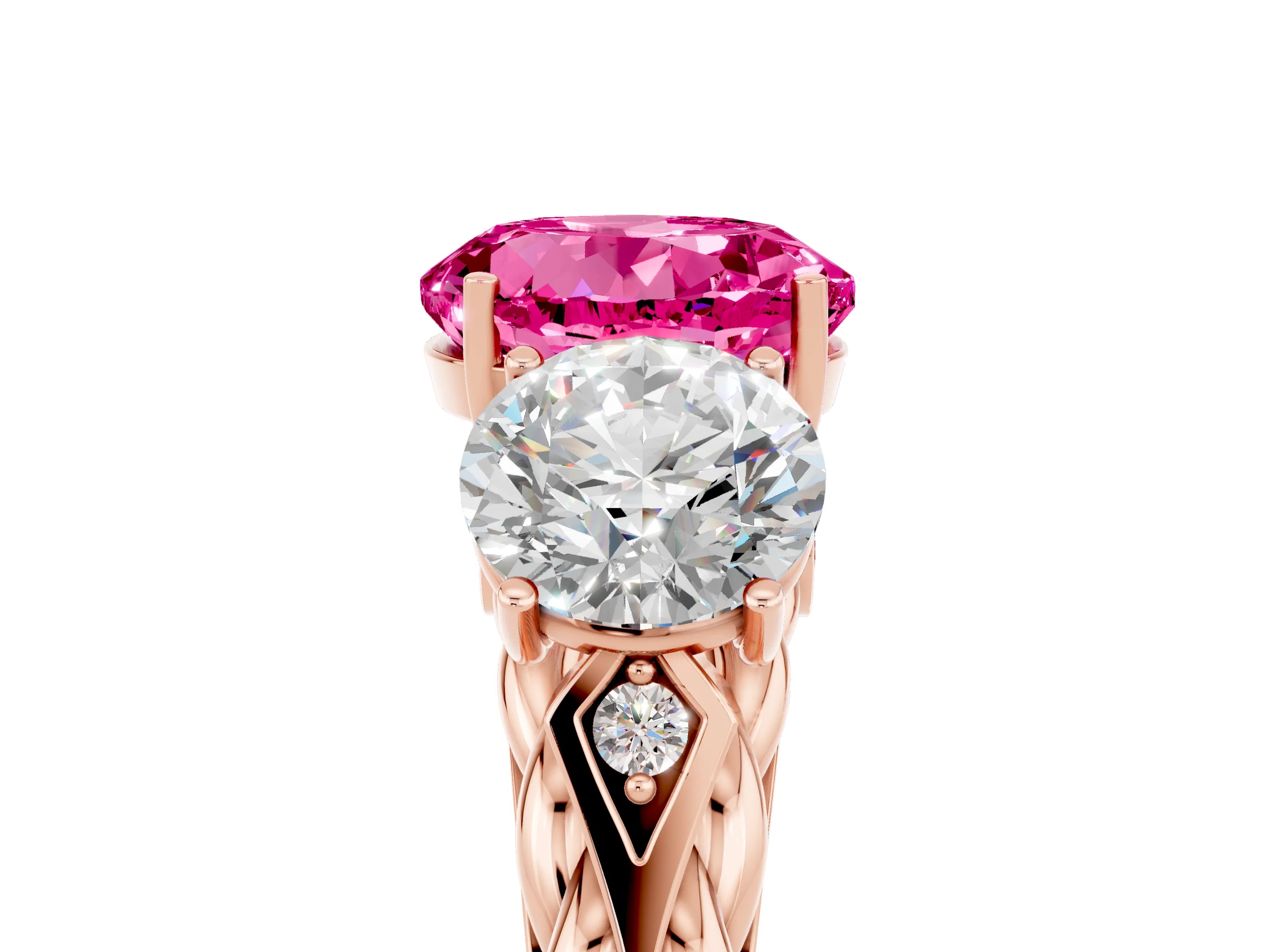 Rose gold Three-Stone Round Cut Pink Sapphire Braided Band Ring with Four-Prong Setting_41