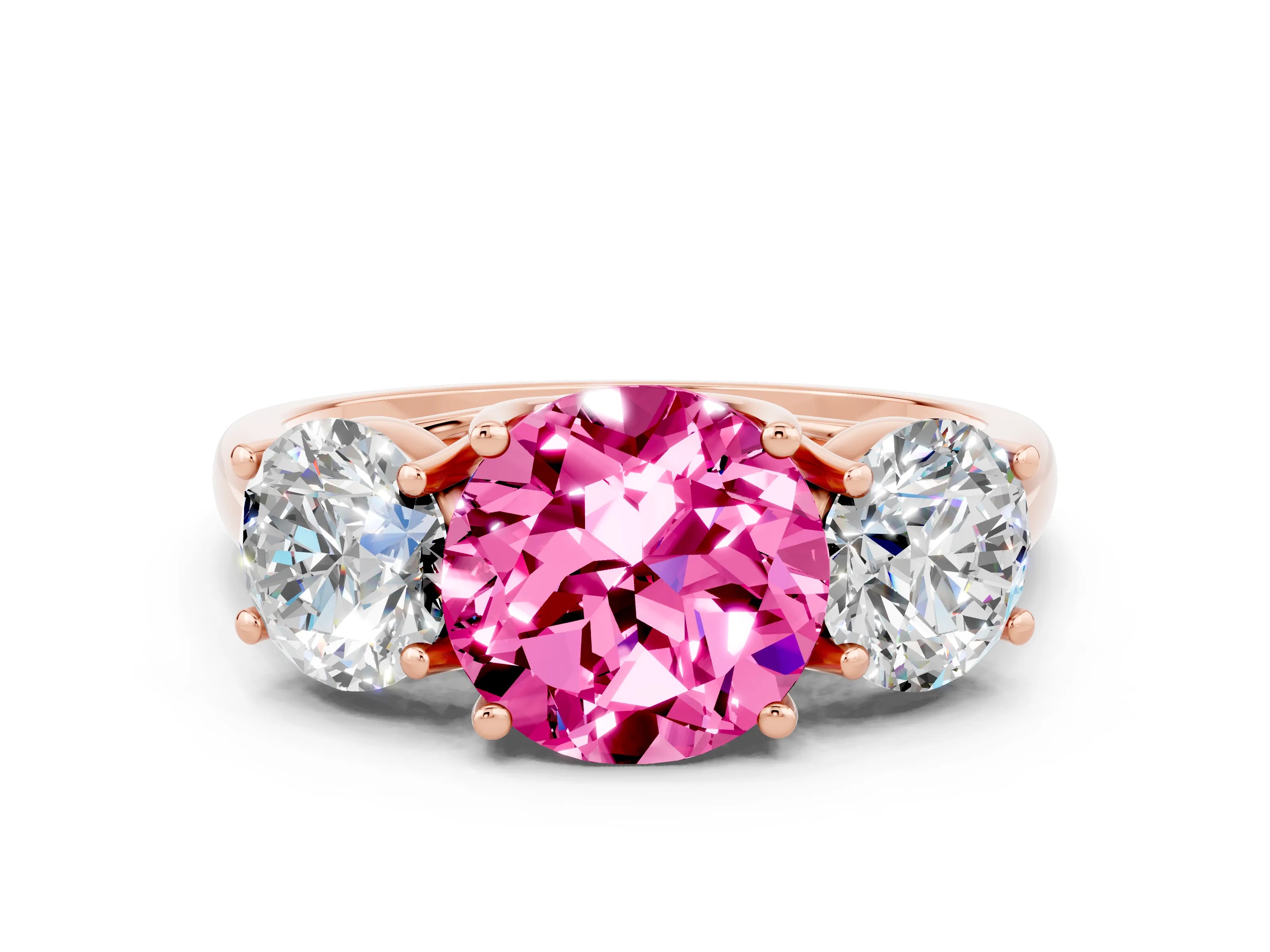Rose gold Three-Stone Round Cut Pink Sapphire Engagement Ring with Prong Setting