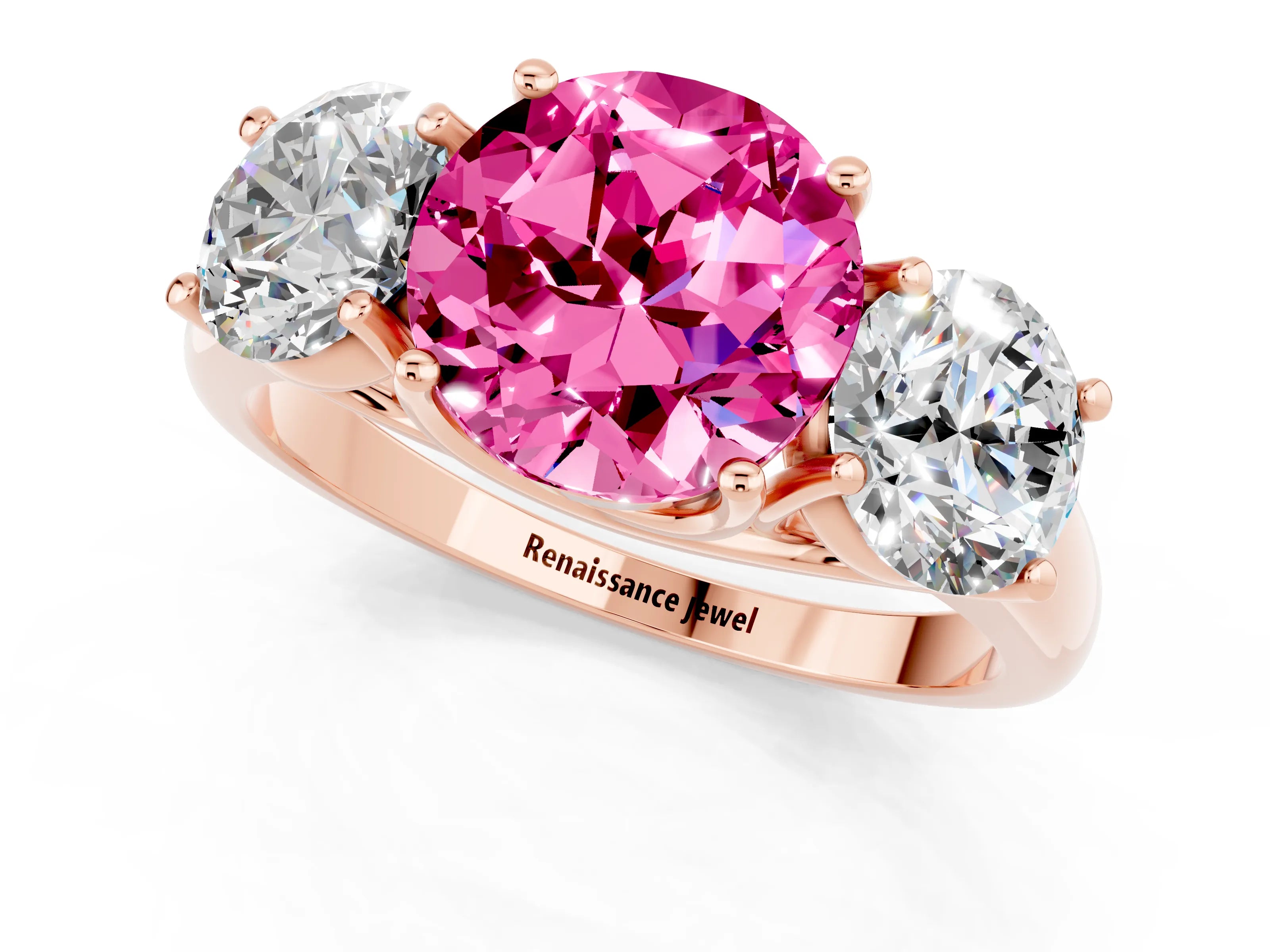 Rose gold Three-Stone Round Cut Pink Sapphire Engagement Ring with Prong Setting_1
