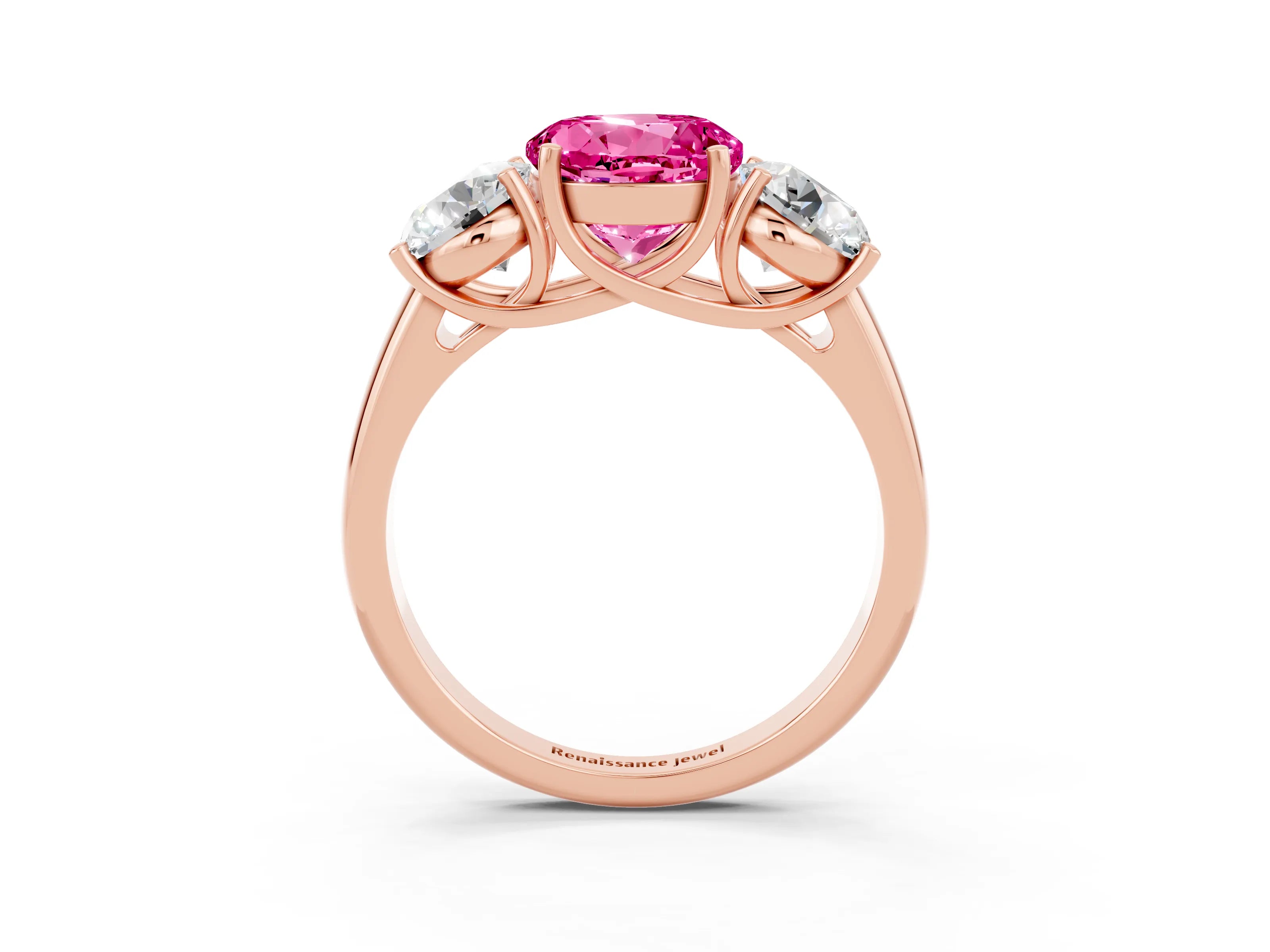 Rose gold Three-Stone Round Cut Pink Sapphire Engagement Ring with Prong Setting_3