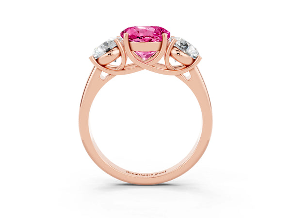 Rose gold Three-Stone Round Cut Pink Sapphire Engagement Ring with Prong Setting