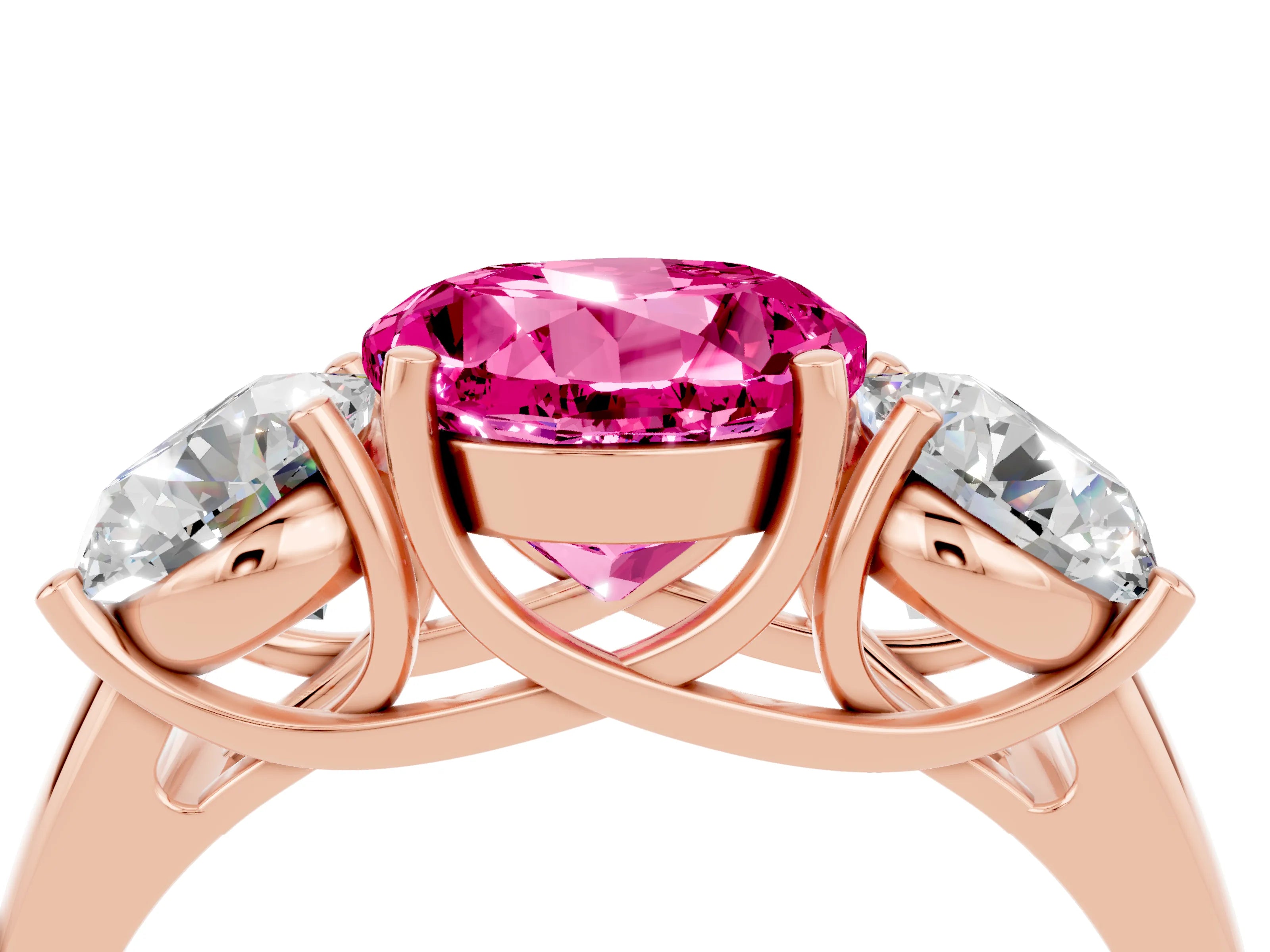 Rose gold Three-Stone Round Cut Pink Sapphire Engagement Ring with Prong Setting_4