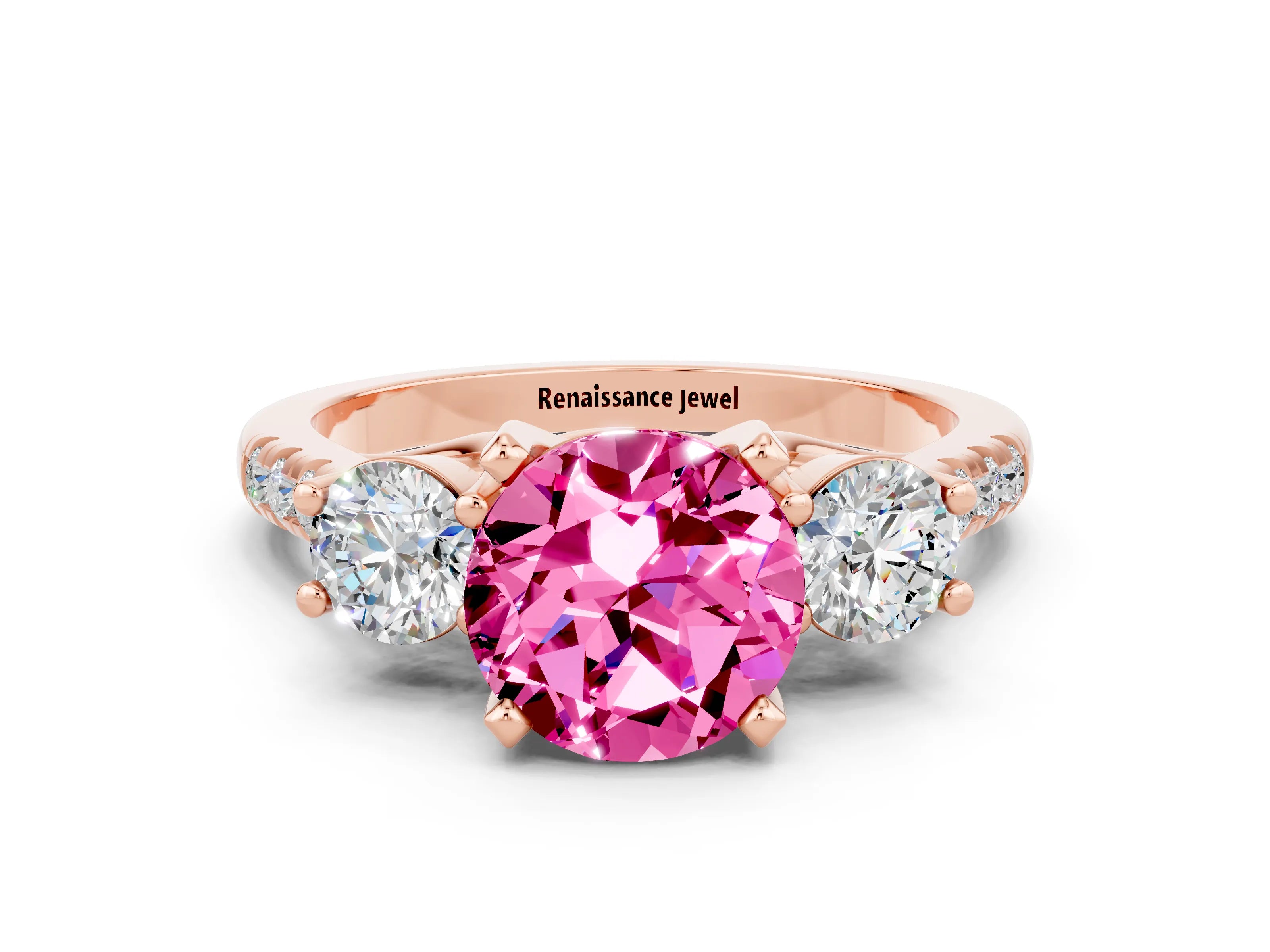 Rose gold Three-Stone Round Cut Pink Sapphire Pavé Band with Four-Prong Setting_24