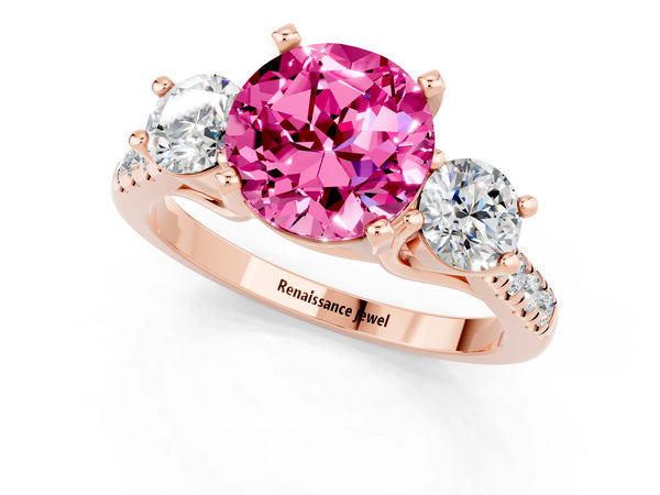 Rose gold Three-Stone Round Cut Pink Sapphire Pavé Band with Four-Prong Setting