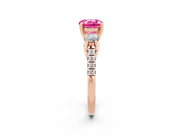 Rose gold Three-Stone Round Cut Pink Sapphire Pavé Band with Four-Prong Setting