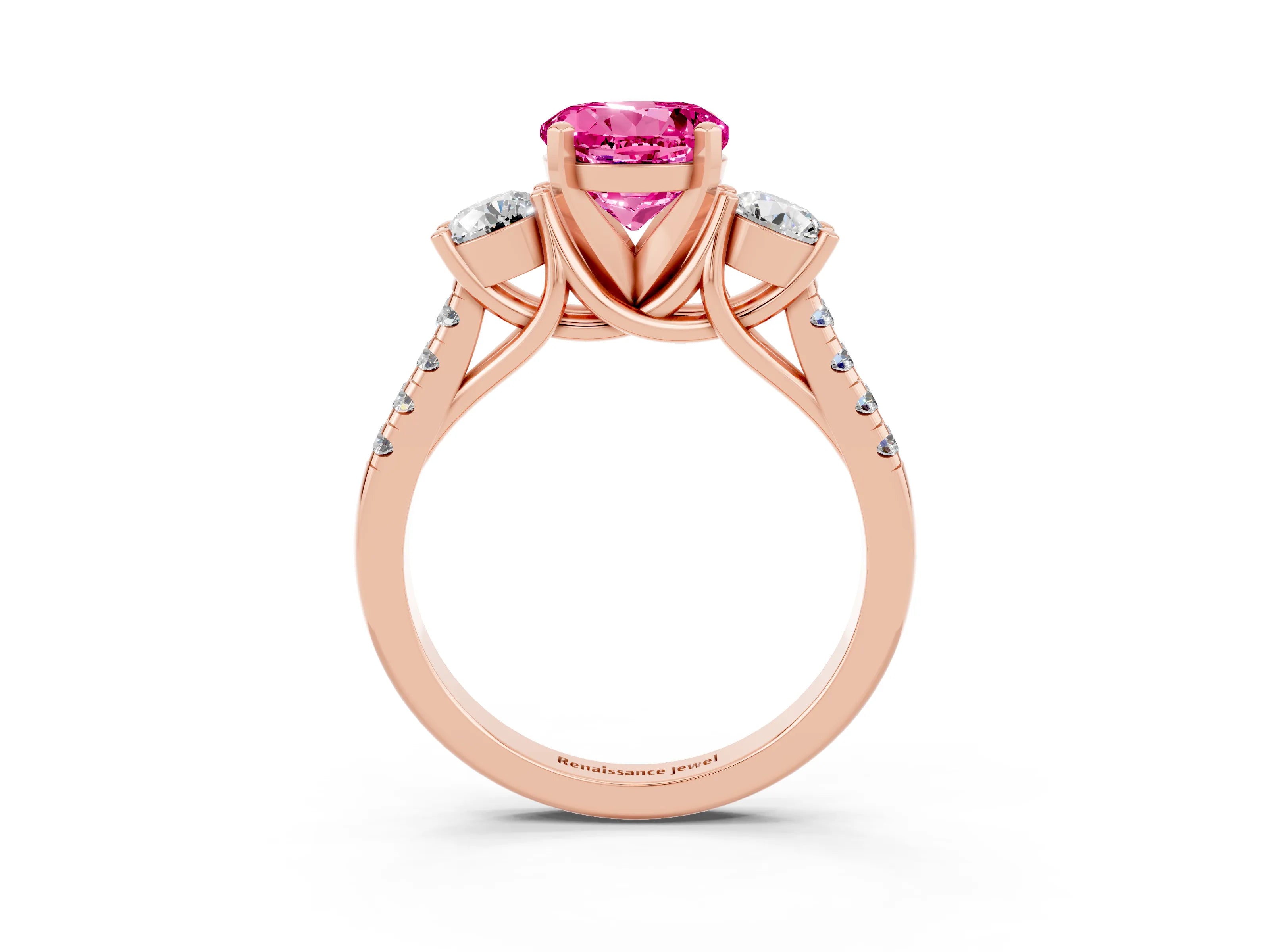 Rose gold Three-Stone Round Cut Pink Sapphire Pavé Band with Four-Prong Setting_27