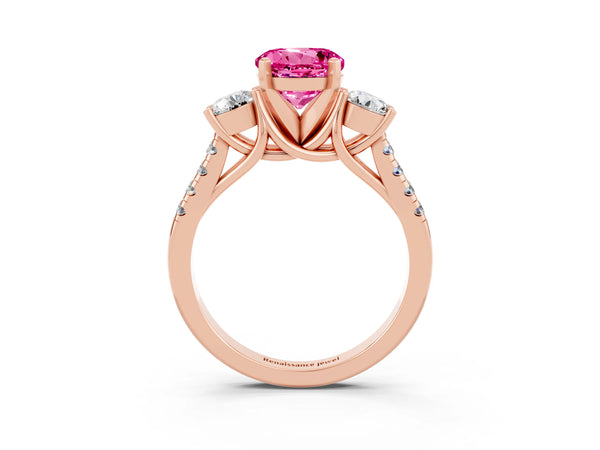Rose gold Three-Stone Round Cut Pink Sapphire Pavé Band with Four-Prong Setting