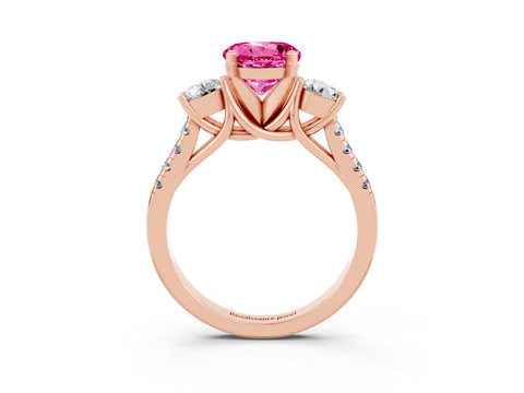 Rose gold Three-Stone Round Cut Pink Sapphire Pavé Band with Four-Prong Setting_27