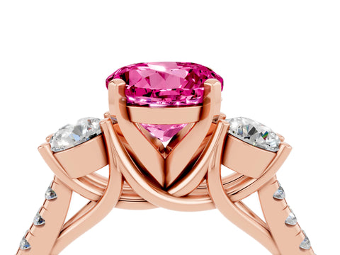 Rose gold Three-Stone Round Cut Pink Sapphire Pavé Band with Four-Prong Setting_28