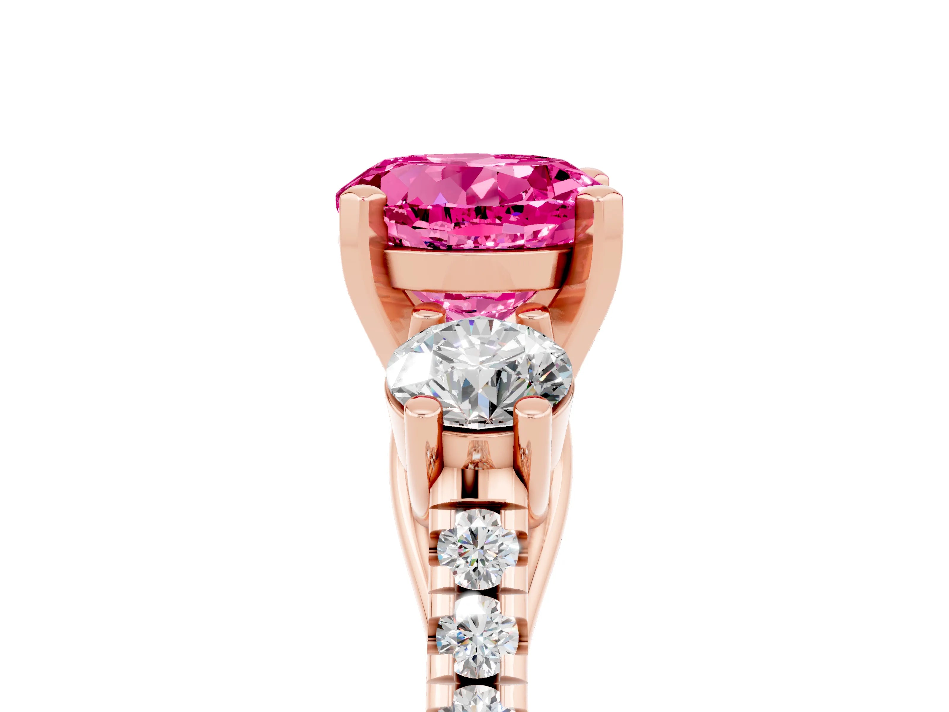 Rose gold Three-Stone Round Cut Pink Sapphire Pavé Band with Four-Prong Setting_29