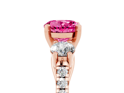 Rose gold Three-Stone Round Cut Pink Sapphire Pavé Band with Four-Prong Setting_29