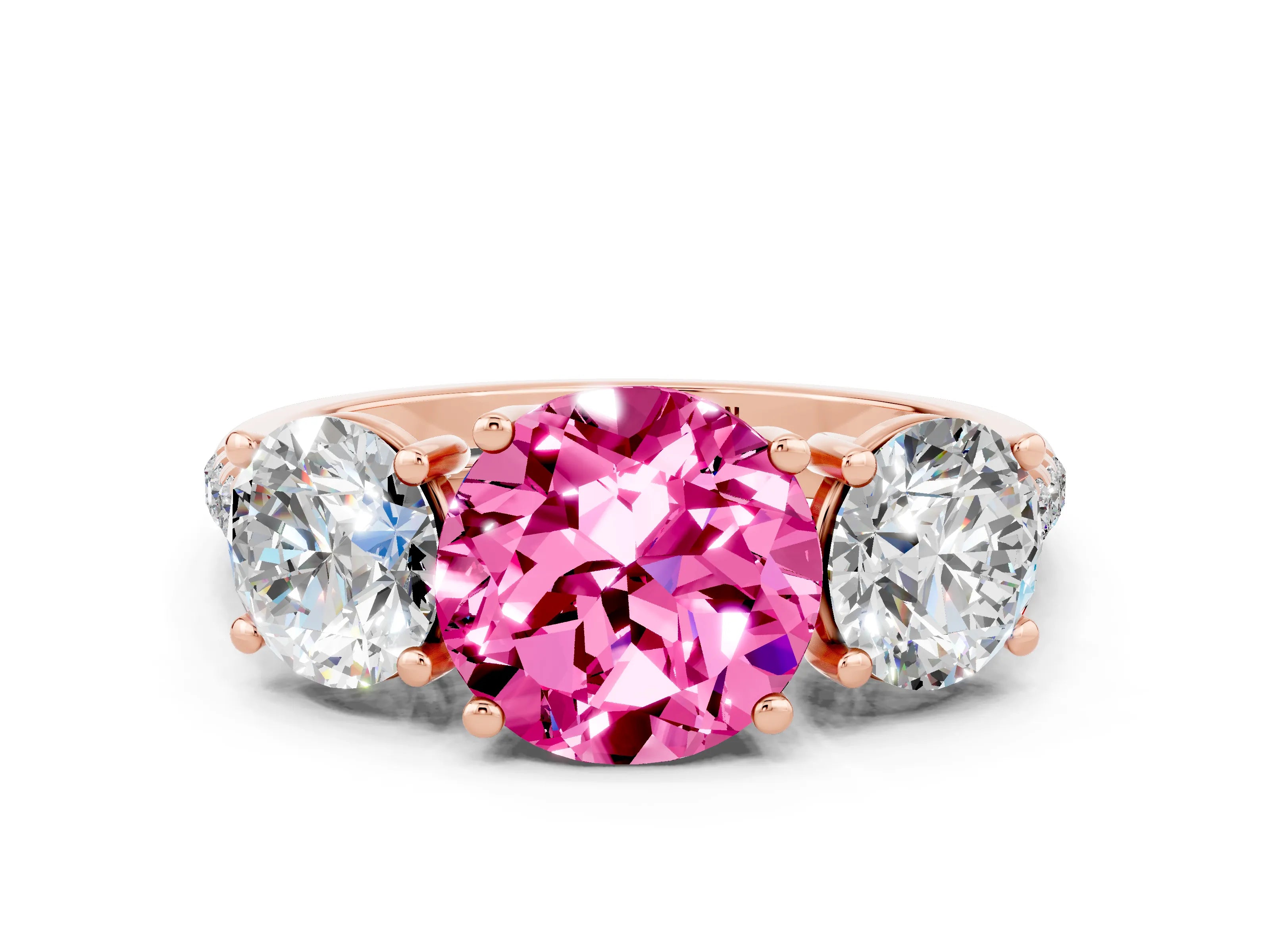 Rose gold Three-Stone Round Cut Pink Sapphire Ring with Pavé Band and Prong Setting_36
