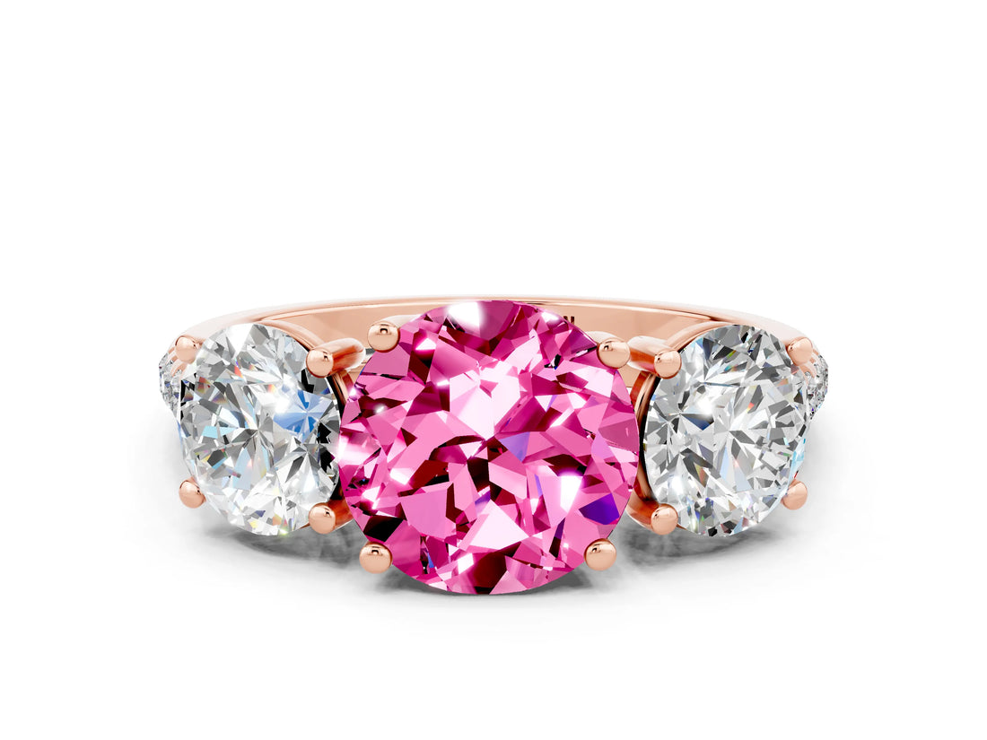 Rose gold Three-Stone Round Cut Pink Sapphire Ring with Pavé Band and Prong Setting_36
