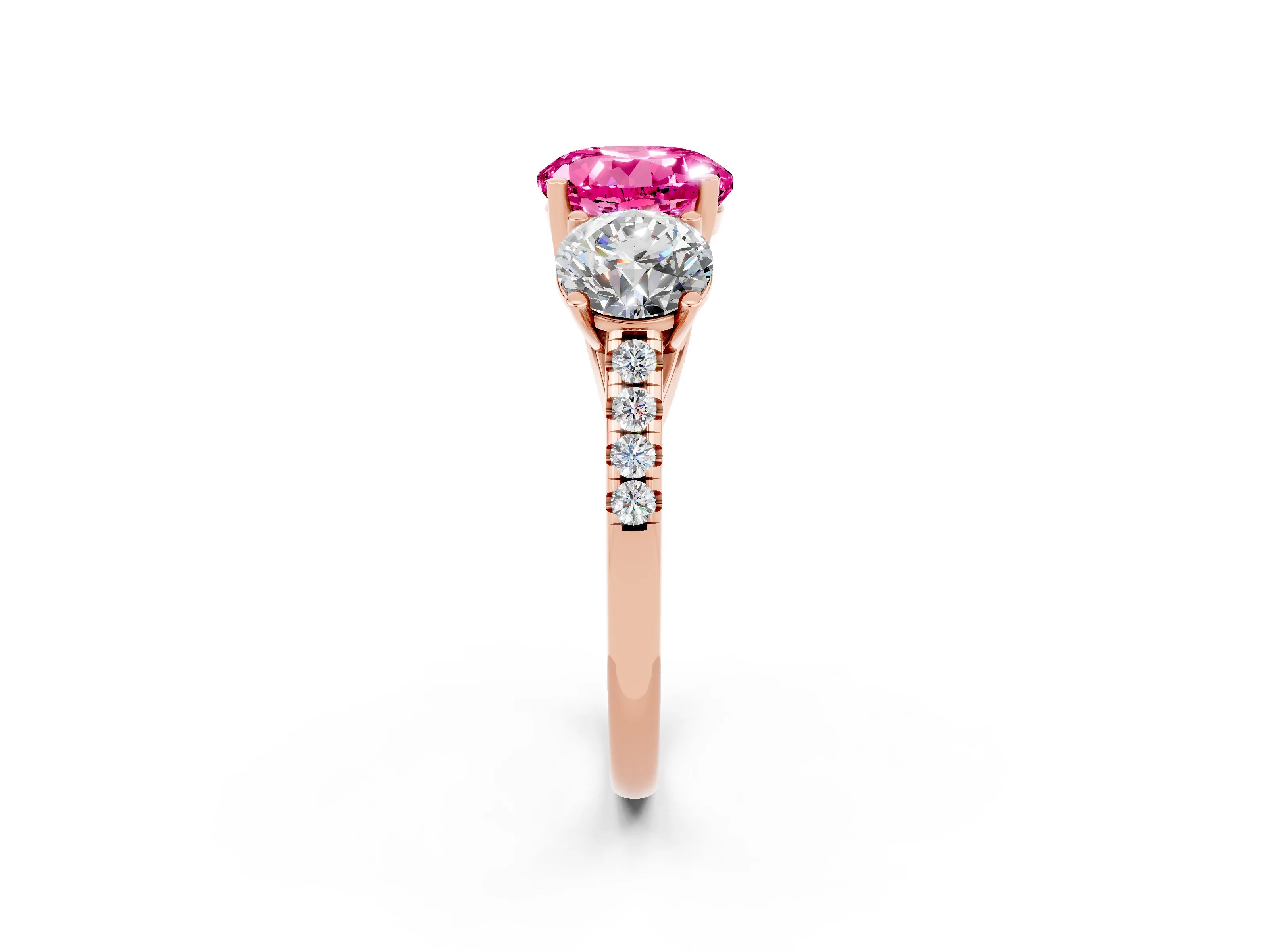 Rose gold Three-Stone Round Cut Pink Sapphire Ring with Pavé Band and Prong Setting_38