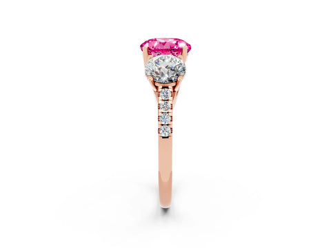 Rose gold Three-Stone Round Cut Pink Sapphire Ring with Pavé Band and Prong Setting_38