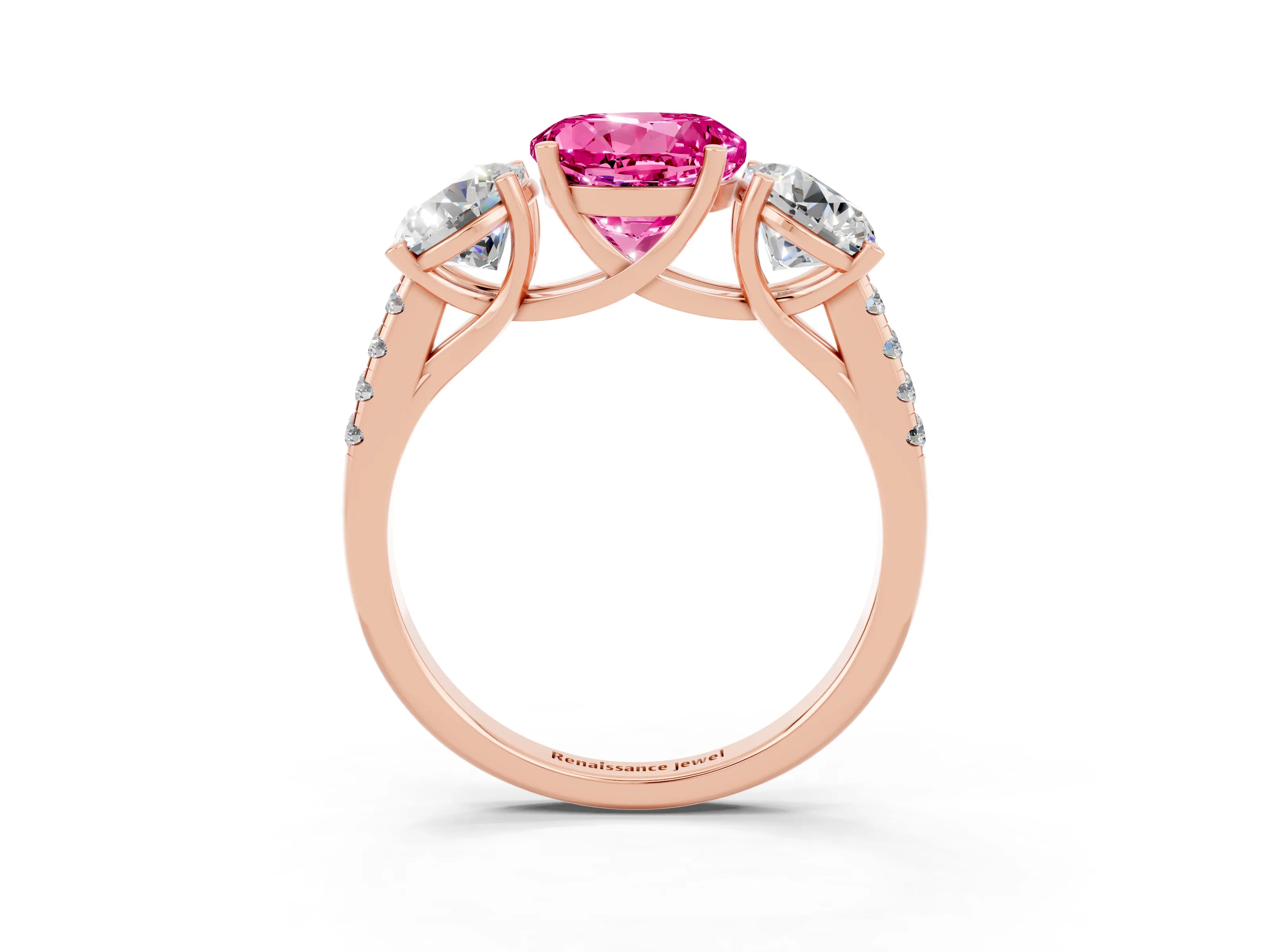 Rose gold Three-Stone Round Cut Pink Sapphire Ring with Pavé Band and Prong Setting_39
