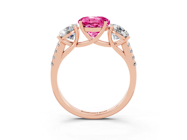 Rose gold Three-Stone Round Cut Pink Sapphire Ring with Round  Pavé Band and Prong Setting