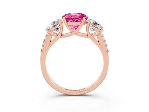 Rose gold Three-Stone Round Cut Pink Sapphire Ring with Pavé Band and Prong Setting_39