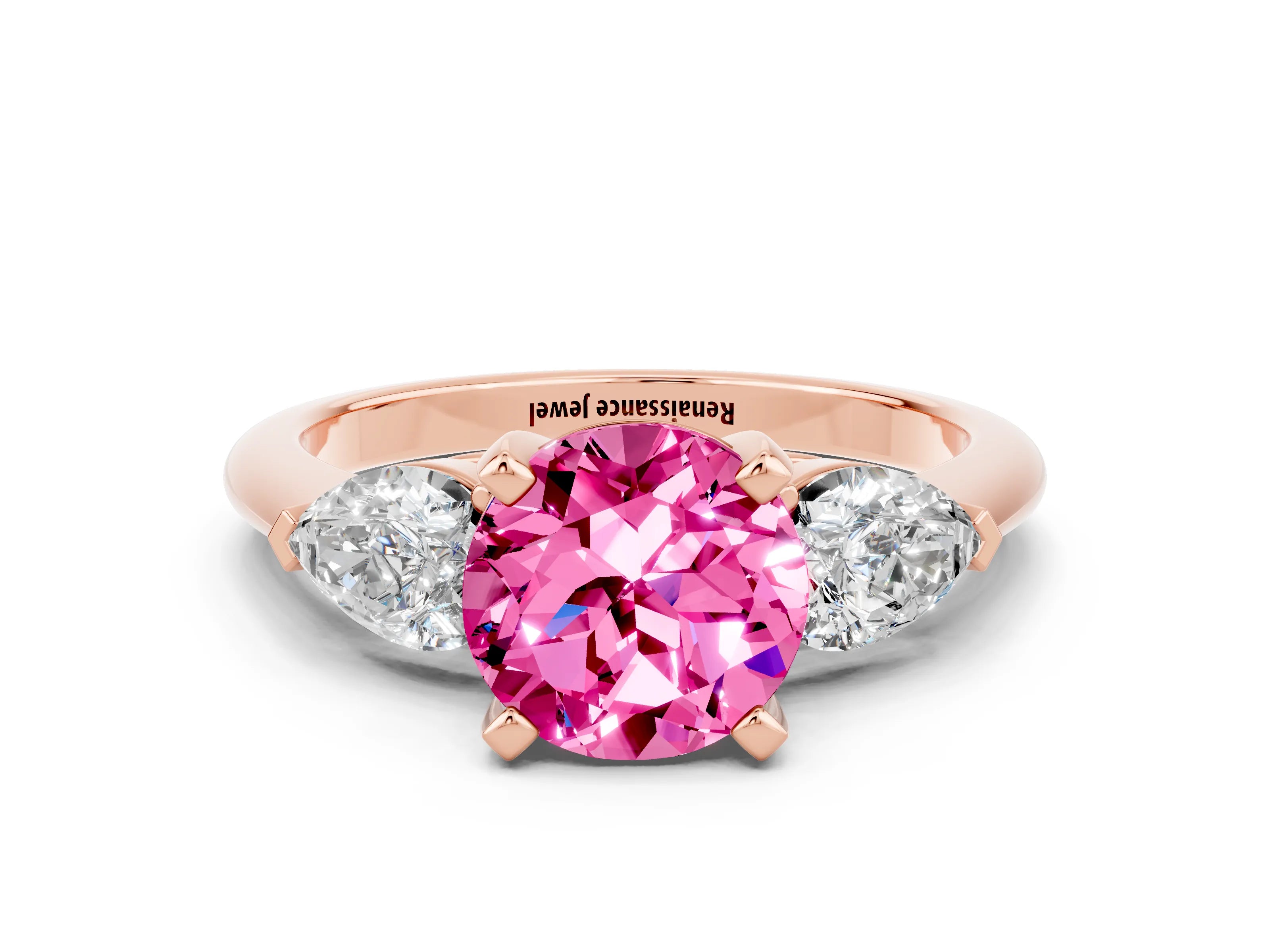Rose gold Three-Stone Round Cut Pink Sapphire Ring with Pear Side Stones and Four-Prong Setting_24