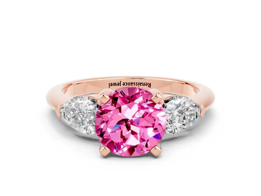 Rose gold Three-Stone Round Cut Pink Sapphire Ring with Pear Side Stones and Four-Prong Setting_24