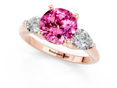 Rose gold Three-Stone Round Cut Pink Sapphire Ring with Pear Side Stones and Four-Prong Setting_25