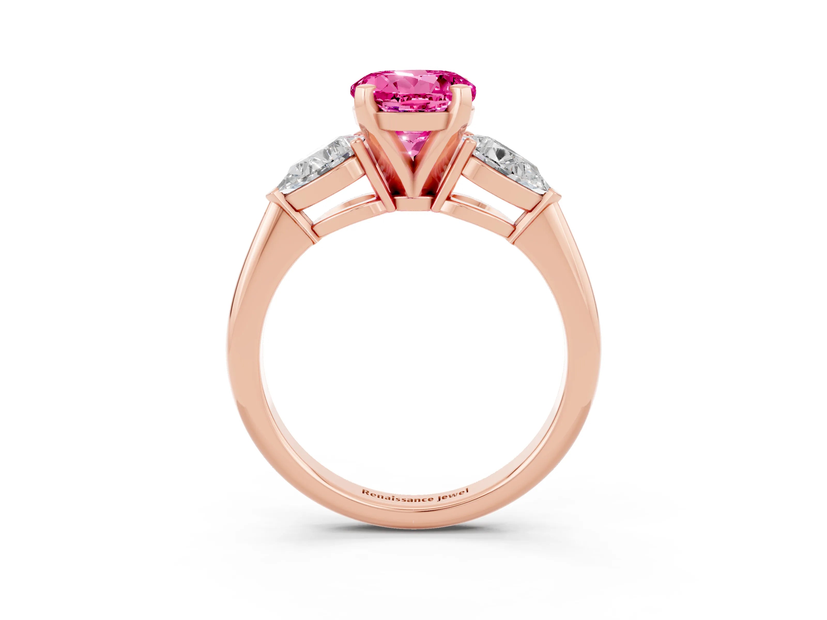 Rose gold Three-Stone Round Cut Pink Sapphire Ring with Pear Side Stones and Four-Prong Setting_27