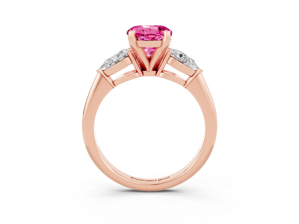 Rose gold Three-Stone Round Cut Pink Sapphire Ring with Pear Side Stones and Four-Prong Setting