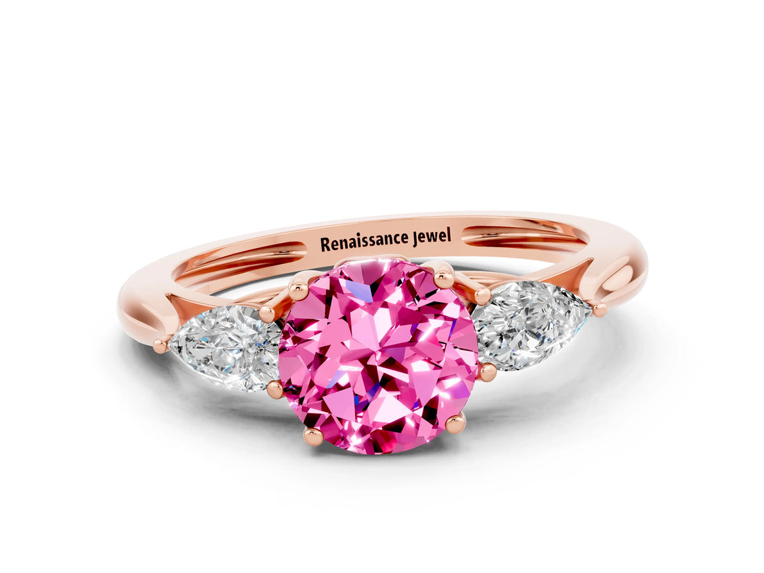 Rose gold Three-Stone Round Cut Pink Sapphire Ring with Pear  Side Stones in Four-Prong Setting_12