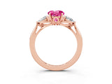 Rose gold Three-Stone Round Cut Pink Sapphire Ring with Pear  Side Stones in Four-Prong Setting_15