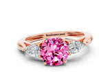 Rose gold Three-Stone Round Cut Pink Sapphire Ring with Pear  Side Stones in Four-Prong Setting_36
