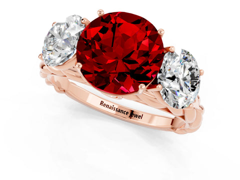 Rose gold Three-Stone Round Cut Ruby Braided Band Ring with Four-Prong Setting_13