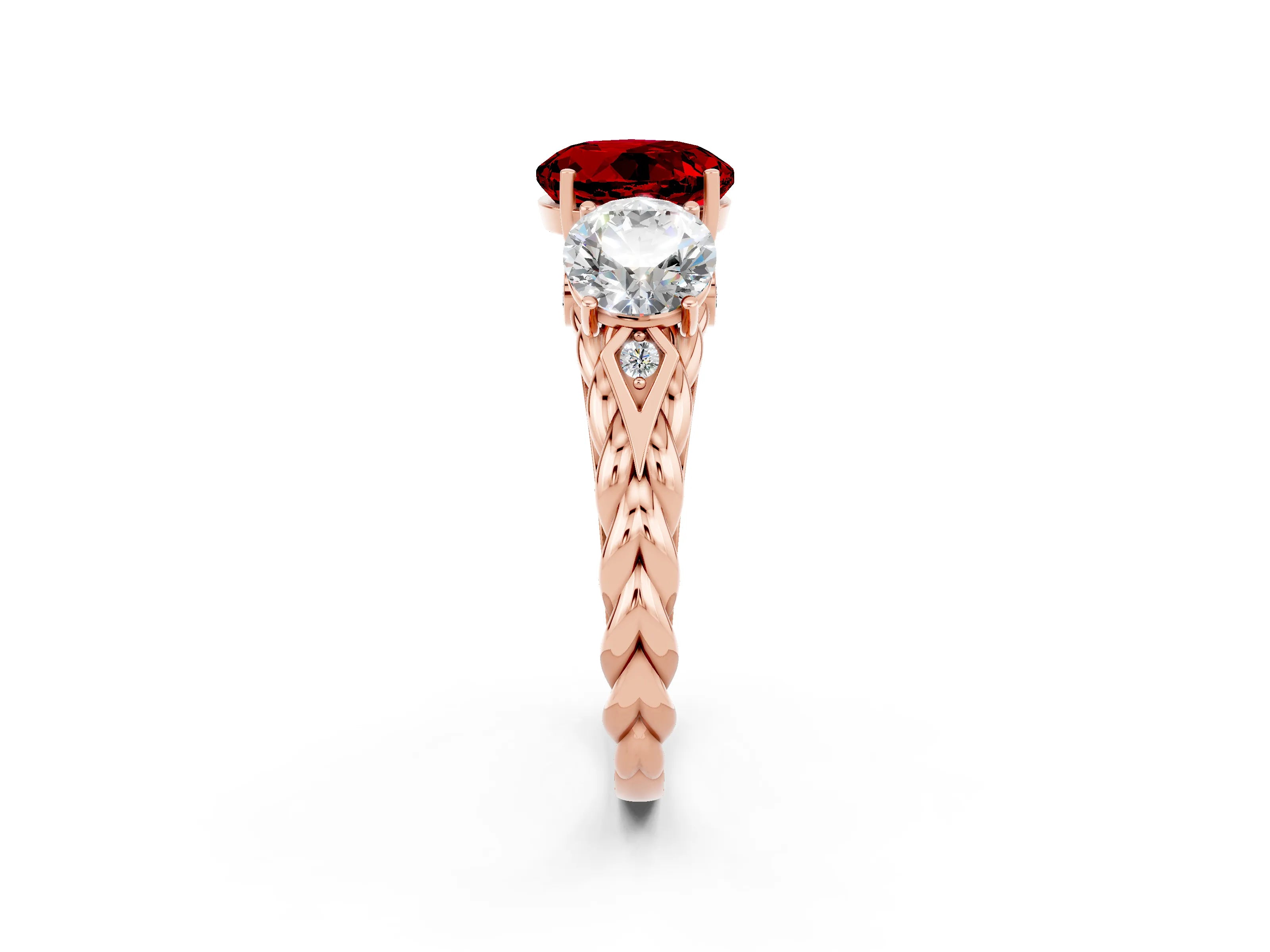 Rose gold Three-Stone Round Cut Ruby Braided Band Ring with Four-Prong Setting_14