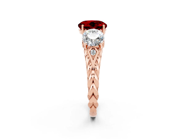 Rose gold Three-Stone Round Cut Ruby Braided Band Ring with Four-Prong Setting